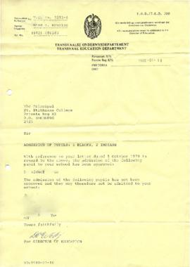 19800111 Transvaal Department of Education letter to Mark Henning re refusal [compliant]