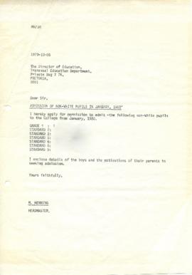 19791005 Mark Henning letter to Transvaal Education Department requesting permission to admit bla...