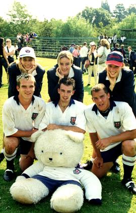 2000 BC Rugby 1st XV group with GC supporters and Teddy