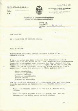 19790220 Transvaal Education Department circular to all private school principals