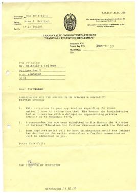 19791123 Transvaal Department of Education letter to Mark Henning