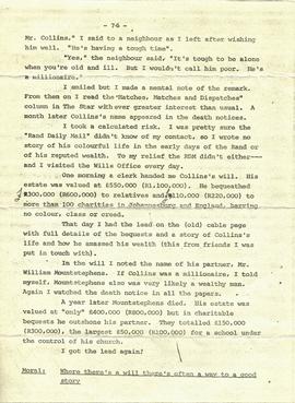 The Star letter to Mark Henning re A C Collins, July 11th, 1974: Benjamin Bennet accompanying extract, page 2