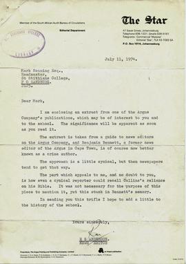 The Star letter to Mark Henning re A C Collins, July 11th, 1974