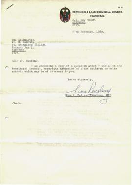 19800223 Letter Pat van Rensburg to Mark Henning with accompanying document