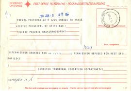 19800108 Transvaal Department of Education telegram to Mark Henning re refusal [compliant]