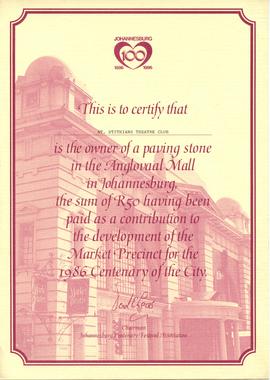 1986 St Stithians Theatre Club [certificate of ownership] of paving stone in Anglovaal Mall, Mark...