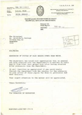 19811113 Transvaal Education Department letter to Mark Henning re admission