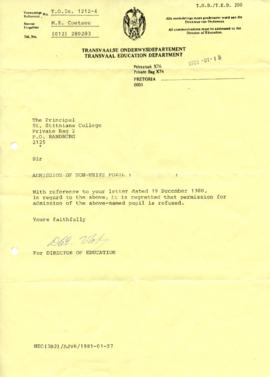 19810115 Transvaal Education Department letter to Mark Henning [compliant] re refusal