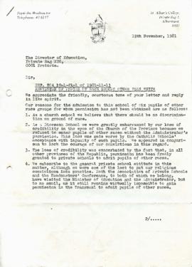 19811119 St Albans College letter to Transvaal Education Department