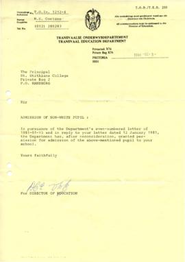 19810203 Transvaal Education Department letter to Mark Henning re admission [compliant]