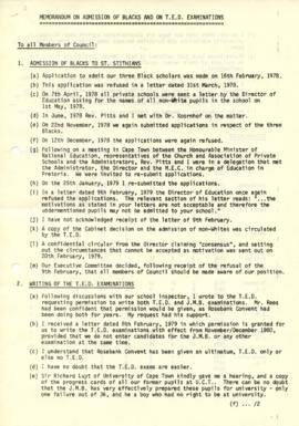 19790228 Mark Henning Memorandum to Council re Admission of Blacks to St Stithians