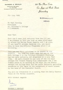 1982 R G Bradley letter to Mark Henning re Henley Royal Regatta programme and associated items, 7...