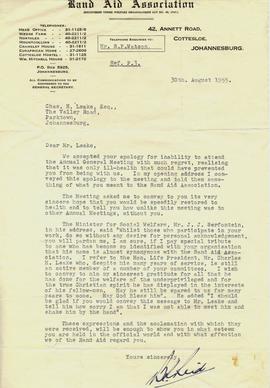 1955 Rand Aid Association letter to C H Leake 30th August 1955