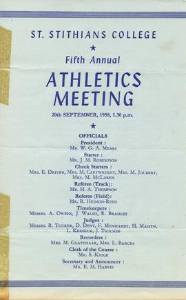 St Stithians College Fifth Annual Athletics meeting, 20th September, 1958, 1.30 p.m.