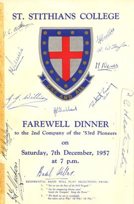 St Stithians College. Farewell Dinner to the 2nd Company of the '53rd Pioneers on Saturday, 7th December, 1957 at 7 p.m.