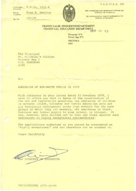 19781212 Transvaal Department of Education letter to Mark Henning refusing permission for admission