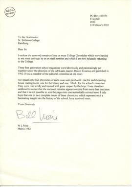 Bill Moir letter to the Headmaster, St Stithians College, 12 February 2003