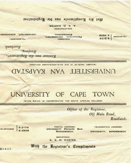 University of Cape Town. Compliments slip. [undated]