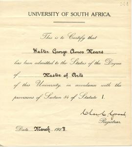 University of South Africa Master of Arts degree certificate, March 1928 awarded to WGA Mears.