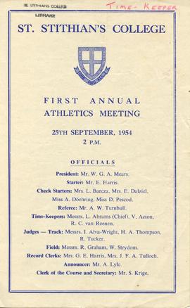 1954  First Annual Athletics Meeting 25th September 1954: cover