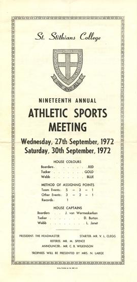 St Stithians College.  Nineteenth Annual Athletic Sports Meeting, Wednesday 27th September, 1972 ...