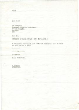 19780404 Mark Henning letter to Transvaal Education Department noting refusal [compliant]