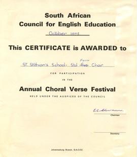 1975 BP SACEE Annual Choral Verse Festival Certificate awarded to Std 4 Choir
