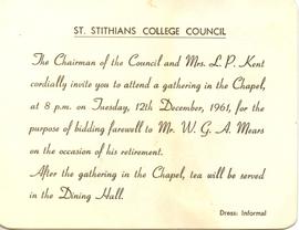 St Stithians College farewell to Mr W G Mears, Tuesday 12th December, 1961. [Invitation from] the...