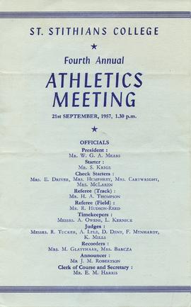 St Stithians College Fourth Annual Athletics Meeting, 21st September, 1957, 1.30 p.m.