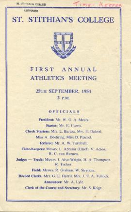 1954  First Annual Athletics Meeting 25th September 1954: content