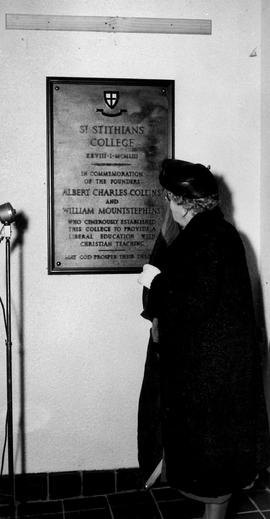 1953 College Opening: Founders Plaque unveiled by Mrs Mountstephens HA 1953BC_0026