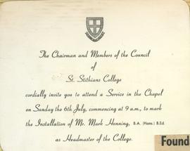 1969 BC Invitation to Chapel Service to mark the installation of Mark Henning  as Headmaster