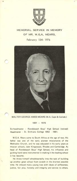 1976 memorial Service in Memory of Mr W.G.A. Mears: cover