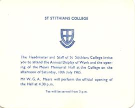 St Stithians College [invitation to] the Annual Display of Work and the opening of Mears Hall on ...