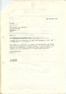 19811105 Mark Henning letter to Transvaal Education Department requesting permission to admit black pupil [compliant]