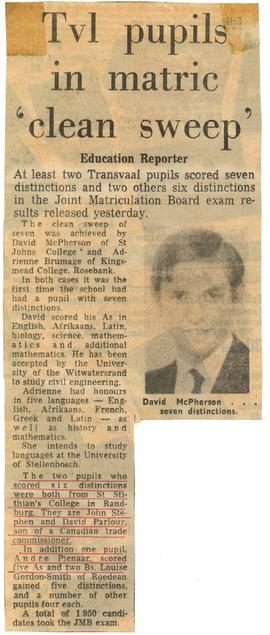 1975 BC NC Tvl pupils in matric 'clean sweep' [no source]