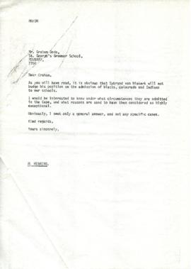 197903 Mark Henning  letter to St George's Headmaster: Graham Dods