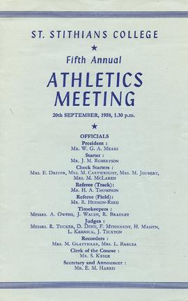 St Stithians College Fifth Annual Athletics meeting, 20th September, 1958, 1.30 p.m.