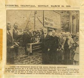 Laying the Foundation Stone of the Young People's Department. [NC] The Star 25th March, 1935