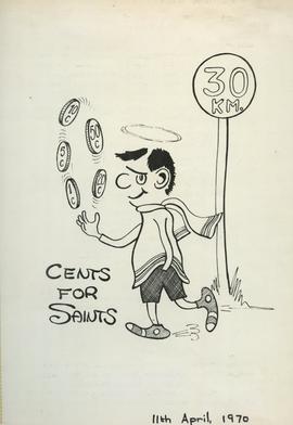 1970 BC BP Walkathon cents for Saints. Cartoon drawing. The Star 11th April 1970.