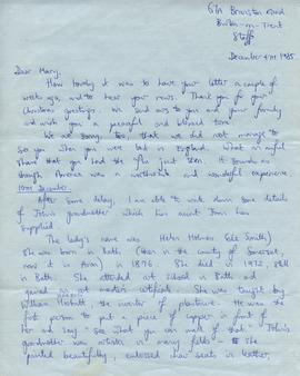 1985 Chris Birkett letter to Mary Thornton 4th December 1985, page 1