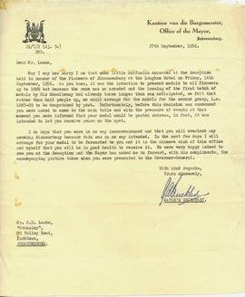 1956 Johannesburg. Office of the Mayor letter to C H Leake 27th September 1956