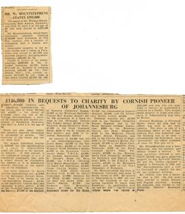 1943 £146,800 in Bequests to Charity by Cornish Pioneer of Johannesburg [NC]