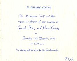 St Stithians College [invitation to] Speech Day and Prize Giving on Saturday, 17th November, 1973.