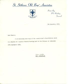 St Stithians Old Boys Association [circular letter] 5th December, 1953 re adoption of the Association's constitution