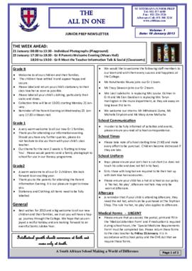 Junior Prep newsletters "The All in One" 2013 Term 1