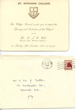 St Stithians College Council. Invitation to Mr & Mrs J Tickton to the Opening and Dedication ...