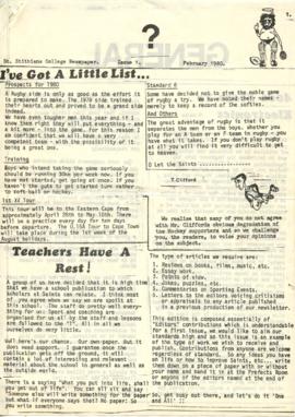1980 BC St Stithians College Newspaper, Issue 1, February 1980: content