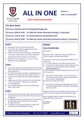 Junior Prep newsletters "The All in One" 2014 Term 1