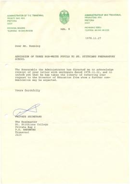 19781127 Transvaal Administrator letter to Mark Henning